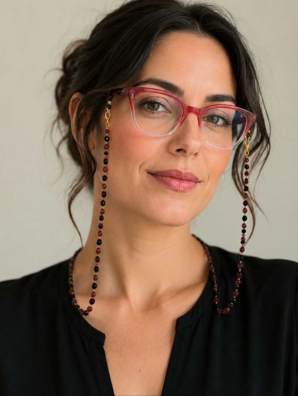 Handcrafted One Of A Kind Red And Black Bead Eyeglass Chain